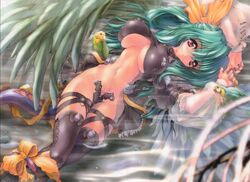 1girls asymmetrical_wings bodysuit boots bow breasts bursting_breasts cleavage dizzy_(guilty_gear) erect_nipples female green_hair guilty_gear huge_breasts leather miwa_yoshikazu oppai ribbon shitapai solo strapless_bottom strapless_panties tail tail_ribbon tattoo thick_thighs thigh_strap thighhighs underboob water wings