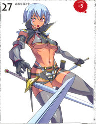 blue_hair breasts dark_skin elbow_gloves gloves highres irma muscle pink_eyes queen's_blade shitapai short_hair sword thighhighs underboob weapon