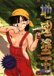 black_hair breasts dragon_ball dragon_ball_gt female female_only human naked_overalls oppai overalls paint paintbrush pan_(dragon_ball) shitapai short_hair sideboob smile solo strap_slip trim_brush underboob