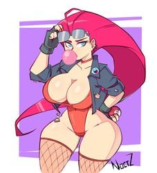 big_breasts blue_eyes bodysuit female female_only fishnets human jessie_(pokemon) leotard long_hair mature_female noctz pokemon red_hair solo solo_female solo_focus