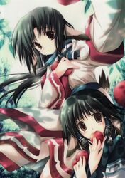 animal_ear apple aruru_(utawarerumono) black_hair dog_ear eruru_(utawarerumono) food fruit high_resolution holding holding_apple holding_fruit inumimi japanese_clothes long_hair multiple_girls short_hair siblings sisters tail tenmu_shinryuusai utawarerumono