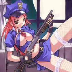 akiyoshi_yoshiaki belly beltskirt blue_skirt breasts brown_eyes cleavage erect_nipples fingerless_gloves fishnet_legwear fishnet_stockings fishnets gloves gun hat holding_gun large_breasts lingerie long_hair midriff miniskirt moon night no_bra panties peaked_cap pink_hair police police_girl police_uniform policewoman remington_870 shitapai shotgun skirt thighhighs underboob underwear uniform weapon white_panties window