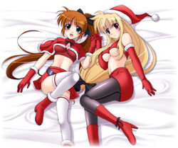 breasts brown_hair christmas duplicate elbow_gloves fate_testarossa gloves holding_hands long_hair low-tied_long_hair lyrical_nanoha mahou_shoujo_lyrical_nanoha mahou_shoujo_lyrical_nanoha_strikers narutaki_shin oppai panties panties_under_pantyhose pantyhose red_eyes santa_costume takamachi_nanoha thighhighs underwear very_long_hair