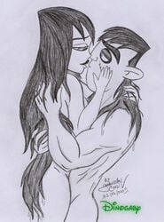 dinogaby disney dr._drakken embracing female human kim_possible kissing male monochrome nude shego straight wet_hair