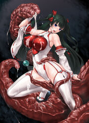 black_hair blue_eyes breasts cameltoe cum cum_on_body cum_on_breasts cum_on_upper_body detached_sleeves female female_only hair_ribbon large_breasts long_hair nontraditional_miko open_mouth original ribbon rindou_(radical_dream) skin_tight solo tentacle thighhighs tied_hair twintails very_long_hair