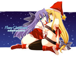 christmas fate_testarossa ginga_nakajima ibuki_pon long_hair low-tied_long_hair lyrical_nanoha mahou_shoujo_lyrical_nanoha mahou_shoujo_lyrical_nanoha_strikers santa_costume thighhighs topless