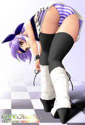 ayane_(doa) bent_over black_legwear black_thighhighs blue_hair blue_panties boots brown_eyes cameltoe crop_top dead_or_alive hair_ribbon headband kneepits miniskirt onoe panties pantyshot pantyshot_(standing) purple_hair ribbon shimapan skirt standing striped striped_panties thighhighs thighs trefoil underwear watermark zettai_ryouiki