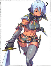 blue_hair breasts dark_skin elbow_gloves gloves highres irma pink_eyes queen's_blade shitapai short_hair sword thighhighs underboob weapon