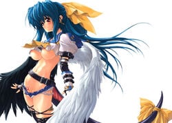 blue_hair breasts dizzy_(guilty_gear) guilty_gear midriff miwa_yoshikazu oppai pirate red_eyes ribbon shitapai tail tail_ribbon tattoo thighhighs underboob wings