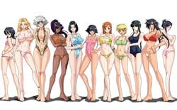 11girls 6+girls adjusting_hair ass ass_cleavage bangs bare_arms bare_legs barefoot beige_skin bikini bikini_bottom bikini_top black_hair bleach blonde_hair blue_eyes blue_swimsuit blunt_bangs blush bracelet braid breast_suppress breasts butt_crack center_opening cleavage clothes color contrapposto covering covering_breasts crossed_arms crossed_legs dark-skinned_female dark_skin erect_nipples everyone feet female female_only front_braid fundoshi glasses green_swimsuit hair_between_eyes hair_ornament hair_ribbon hairclip hand_on_hip hands_on_hips hands_on_own_chest hips impossible_clothes impossible_swimsuit inoue_orihime ise_nanao jewelry kagami kagami_(artist) kotetsu_isane kotetsu_kiyone kuchiki_rukia kukaku_shiba kurotsuchi_nemu large_breasts legs light_smile lineup long_hair looking_back lowleg lowleg_bikini matsumoto_rangiku medium_breasts mole mound_of_venus multiple_females navel one-piece_swimsuit open_mouth orange_hair payot pink_swimsuit ponytail purple_hair red_bikini_top red_swimsuit ribbon shadow shihouin_yoruichi side-tie_bikini sideboob silver_hair single_braid small_breasts soifon standing striped striped_bikini striped_swimsuit swimsuit take_your_pick tattoo thighs tied_hair toes topless twintails underboob unohana_retsu white_swimsuit wink yellow_eyes