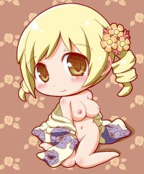 10s blonde_hair blush breasts chibi chibi_style drill_hair female floral_background flower gerotan hair_flower hair_ornament japanese_clothes kimono large_breasts mahou_shoujo_madoka_magica navel nipples nude sitting smile solo tomoe_mami twin_drills twintails wariza yellow_eyes