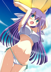 ball beach_ball bikini blush ginga_nakajima green_eyes ibuki_pon long_hair lyrical_nanoha mahou_shoujo_lyrical_nanoha mahou_shoujo_lyrical_nanoha_strikers mizugi purple_hair side-tie_bikini solo swimsuit wet