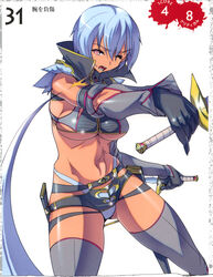 blue_hair breasts dark_skin elbow_gloves gloves highres irma muscle pink_eyes queen's_blade shitapai short_hair sword thighhighs underboob weapon