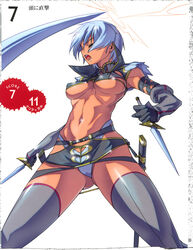 blue_hair breasts dark_skin elbow_gloves gloves highres irma queen's_blade shitapai short_hair sword thighhighs underboob weapon