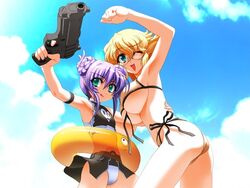 bikini blonde_hair breasts demonbane double_bun dunsany glasses gun handgun huge_breasts innertube leica_(demonbane) niθ nishii_(nitroplus) niî¸ panties pistol purple_hair shitapai side-tie_bikini standing swimsuit underboob underwear weapon wink