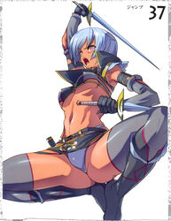 blue_hair breasts dagger dark_skin elbow_gloves gloves highres irma muscle pink_eyes queen's_blade shitapai short_hair spread_legs sword thighhighs underboob weapon