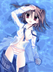 1girls brown_hair horizontal-striped_panties horizontal_stripes nipples no_bra panties see-through shimapan striped striped_panties tagme tsukihime type-moon underwear water wet yumizuka_satsuki