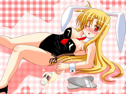 bare_legs blonde_hair blush breasts bunny_ear bunny_girl bunnysuit cleavage cosplay fate_testarossa kemonomimi lask long_hair lyrical_nanoha mahou_shoujo_lyrical_nanoha mahou_shoujo_lyrical_nanoha_strikers milk oppai red_eyes sexually_suggestive spill usamimi very_long_hair