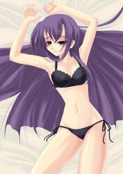 bed black_panties blush bra frapowa ginga_nakajima green_eyes lingerie lyrical_nanoha mahou_shoujo_lyrical_nanoha_strikers open_clothes open_shirt panties purple_hair shirt side-tie_panties solo underwear