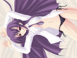 bed black_panties blush frapowa ginga_nakajima green_eyes high_res highres lyrical_nanoha mahou_shoujo_lyrical_nanoha_strikers open_clothes open_shirt panties purple_hair shirt side-tie_panties solo underwear