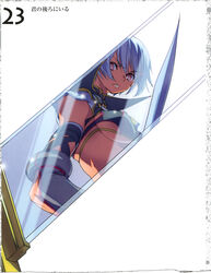 blue_hair breasts dark_skin elbow_gloves gloves highres irma pink_eyes queen's_blade reflection shitapai short_hair sword thighhighs underboob weapon