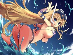 1girls bad_feet bikini blonde_hair blue_eyes breasts cute_fang diving_mask dutch_angle erect_nipples female kawahara_megumi large_breasts mizugi oppai original ribbon scuba shitapai snorkel solo splash string_bikini striped striped_bikini striped_swimsuit swimsuit underboob