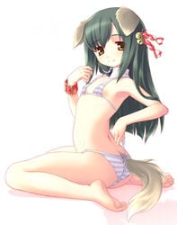 aoi_kumiko barefoot bell bikini dog_ear duplicate flat_chest highres inumimi swimsuit tail