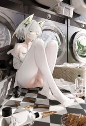 asleep bra breasts cat_ears catgirl closed_eyes exposed_ass feet huge_ass jacket laundry open_jacket pantyhose resting washing_machine white_bra white_hair white_pantyhose