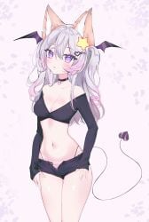 animal_ears anny_(artist) annytf big_breasts female fox_ears fox_girl hair_ornament heart_tail hi_res light-skinned_female light_skin long_hair looking_at_viewer pink_panties purple_eyes shorts smooth_skin solo_female succubus tail thick_thighs unbuttoned_shorts virtual_youtuber wings_on_head