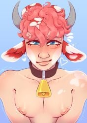 ace_mooshroom blue_eyes blush blushing_at_viewer collar cow_bell cow_bell_collar cow_boy cow_ears cow_horns cowbell eye_contact femboy femboy_only flaminggay original_character pale-skinned_femboy pale-skinned_male pecs pectorals pink_hair puffy_nipples scar solo solo_focus solo_male squeezing_breasts_together squish