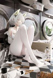 asleep bra breasts cat_ears catgirl closed_eyes feet huge_ass jacket laundry open_jacket pantyhose resting washing_machine white_bra white_hair white_pantyhose