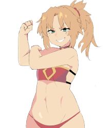 1girls belly fate_(series) flexing green_eyes mordred_(fate) muscles napolitane navel sequence smug tagme yellow_hair