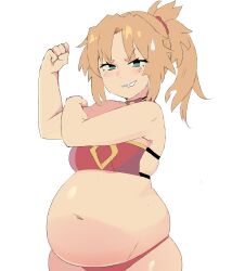 1girls embarrassed fate_(series) flexing huge_belly mordred_(fate) napolitane overweight_female sequence small_breasts weight_gain