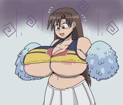 1girls areola_slip areolae azumanga_daiou big_breasts breasts cheerleader cheerleader_uniform female gigantic_breasts glasses huge_breasts inconvenient_breasts koyomi_mizuhara large_breasts long_hair massive_breasts poopishness underboob