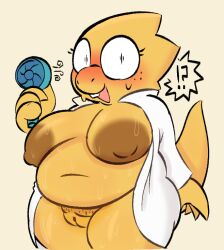 alphys anthro areola areolae big_areola big_nipples blush bodily_fluids bottomless bottomless_labcoat breasts brown_areola buckteeth cellulite chubby clothed clothing coat coat_only dark_nipples fan female genitals glasses huge_breasts lab_coat lizard mostly_nude naked_labcoat navel nipples non-mammal_breasts open_mouth overweight overweight_female pknicky pussy reptile robot scales scalie solo surprised sweat sweaty_breasts sweaty_legs teeth text_bubble thick_thighs topwear topwear_only undertale undertale_(series) yellow_body yellow_scales