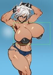 abs angry_expression bathsalts1 big_breasts blazblue bullet_(blazblue) dark-skinned_female gloves muscular_female scar shorts white_hair