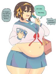 1girls brown_hair english english_text fat huge_belly huge_breasts napolitane offscreen_character overweight_female school_uniform suzumiya_haruhi suzumiya_haruhi_no_yuuutsu