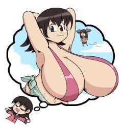 2girls armpits arms_behind_head azumanga_daiou big_breasts bikini breasts cleavage dream female huge_breasts large_breasts multiple_girls osaka_ayumu_kasuga poopishness sling_bikini swimsuit tomo_takino white_background