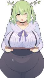 1girls alternate_costume breasts_on_tray ceres_fauna ceres_fauna_(3rd_costume) fat fully_clothed green_hair hololive hololive_english hololive_english_-council- huge_belly huge_breasts napolitane virtual_youtuber