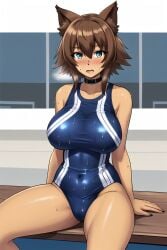 abs ai_generated dark-skinned_female furr_app furry gym_clothes kobold large_breasts monster monster_girl monster_musume monster_musume_no_iru_nichijou muscular_female polt polt_(monster_musume) sport_shorts sports_bra weightlifting