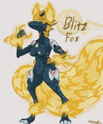 absurd_res alien anthro bakugan bakugan_(species) bakugan_battle_planet blitz_fox blue_body blue_skin canid canine claws delphixander digitigrade female fire flaming_ears flaming_tail fox hi_res mammal silver_nipples solo tail yellow_eyes