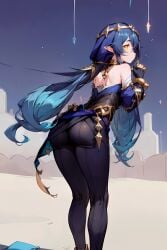 ai_generated ass blue_hair blush breasts circlet detached_sleeves female from_behind genshin_impact gloves layla_(genshin_impact) leggings long_hair looking_at_viewer medium_breasts orange_eyes pants pointy_ears shiny shiny_clothes shiny_hair sideboob solo thighhighs very_long_hair