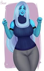 1girls blue_body blue_diamond_(steven_universe) blue_eyes blue_hair blue_skin cartoon_network clothed clothed_female clothing diamond_authority erect_nipples fingerless_gloves fishnet fishnet_gloves fishnet_sleeves fishnets gem_(species) giantess mature_female milf nipple_piercing nipples nipples_visible_through_clothing rocner sleeves steven_universe sweater