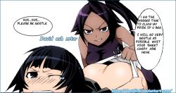 2014 big_butt bleach blush davidlink english_text long_hair ninja_girl one_eye_closed panties_pulled_down shihouin_yoruichi short_hair smile soifon sui-feng white_panties