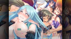 4girls airi_(harem_hunter:sex-ray_vision) big_breasts blue_hair brown_hair elf green_hair grey_hair harem harem_hunter:sex-ray_vision luka_(harem_hunter:sex-ray_vision) moa_(harem_hunter:sex-ray_vision) multiple_girls nina_(harem_hunter:sex-ray_vision) nude pussy visual_novel wolf_ears