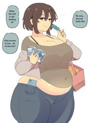 1girls brown_hair english english_text fat huge_belly huge_breasts napolitane popsicle suzumiya_haruhi suzumiya_haruhi_no_yuuutsu tagme