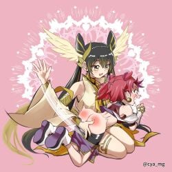 2girls ass_focus ha-re_the_sword_mikanko japanese_clothes japanese_mythology multiple_girls ohime_the_manifested_mikanko oohime_the_manifested_mikanko spanking yu-gi-oh! yuri