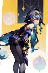 ai_generated ass blue_hair blush breasts circlet detached_sleeves female from_behind genshin_impact gloves layla_(genshin_impact) leggings long_hair looking_at_viewer medium_breasts orange_eyes pants pointy_ears shiny shiny_clothes shiny_hair sideboob solo thighhighs very_long_hair