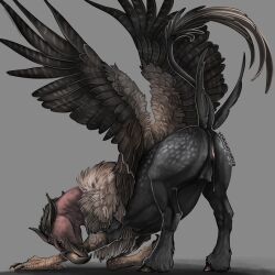 anus ass avian breasts dripping dripping_pussy european_mythology feathers female feral genitals greek_mythology hi_res hippogriff hooves mythological_avian mythology presenting presenting_hindquarters pussy raised_tail raised_wings simple_background solo tail talons venlightchaser wings