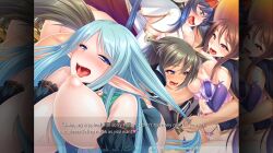 4girls airi_(harem_hunter:sex-ray_vision) big_breasts blue_hair brown_hair elf green_hair grey_hair harem harem_hunter:sex-ray_vision luka_(harem_hunter:sex-ray_vision) moa_(harem_hunter:sex-ray_vision) multiple_girls nina_(harem_hunter:sex-ray_vision) nude nude_female nun pussy visual_novel wolf_ears